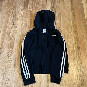 Adidas Women's Black Zip-Up Hoodie with White Stripes